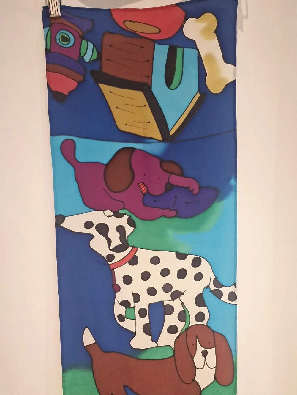 Silkscapes Inc. 1997 Colorful Blue Hand Painted Dog-Themed Pet Silk